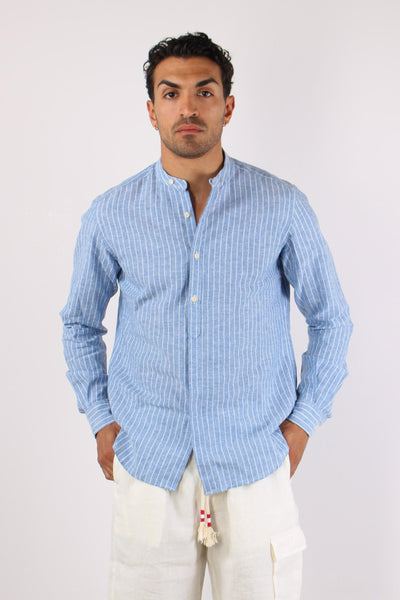 Camicia Coreana Lino Righe Azzurro/bianco