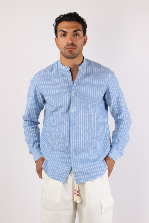 Camicia Coreana Lino Righe Azzurro/bianco