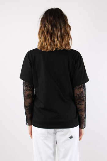 T-shirt Manica Pizzo Stampa Nero - 4