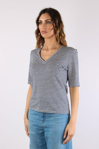 Opzione T-shirt Scavo V Riga Ecru/blu - 3