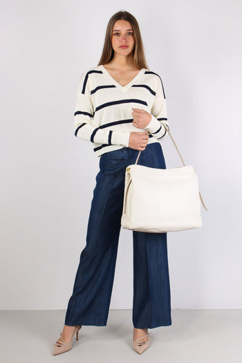 Maglia Righe Scollo V Schiena Panna/blu - 5