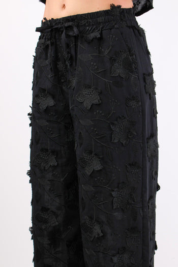 Pantalone Applicazione Fiori Nero - 5