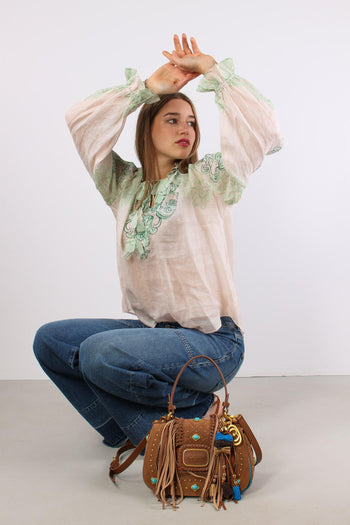 Camicia Lino Fantasia Inserto Nappine Crema/verde - 4