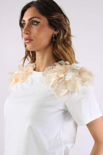T-shir Applicazione Fiore Spalla Bianco - 9