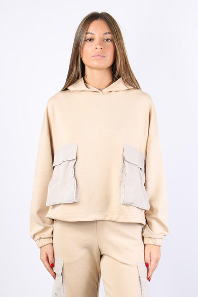 Felpa Cappuccio Tasche Nylon Nocciola
