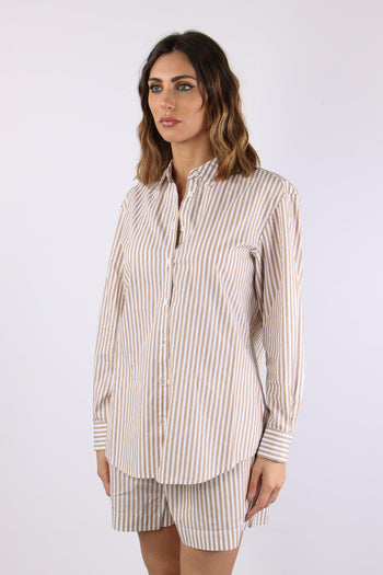 Camicia Cotone Riga Ricamo Schiena Bianco/beige - 3