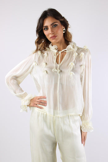 Camicia Effetto Spalmato Inserto Piume Panna - 2