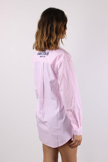 Camicia Cotone Riga Ricamo Schiena Bianco/rosa - 8