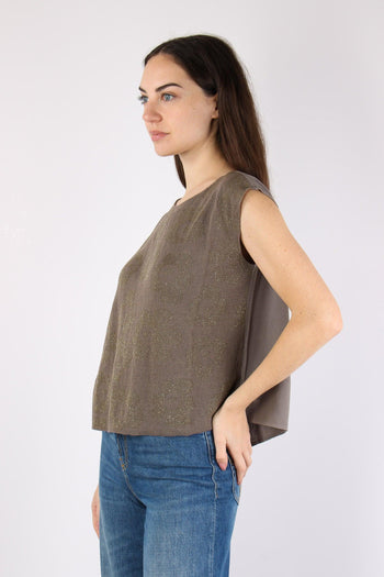Top Smanicato Ricami Lurex Tortora - 5