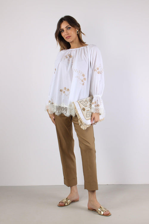 Blusa Scollo Barca Ricamo Fior Bianco