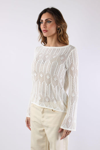 Maglia Macrame Manica Lunga Bianco Lana - 5