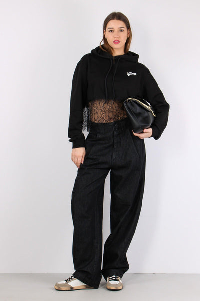Felpa Cropped Fondo Pizzo Nero