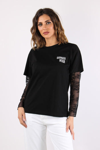 T-shirt Manica Pizzo Stampa Nero - 2