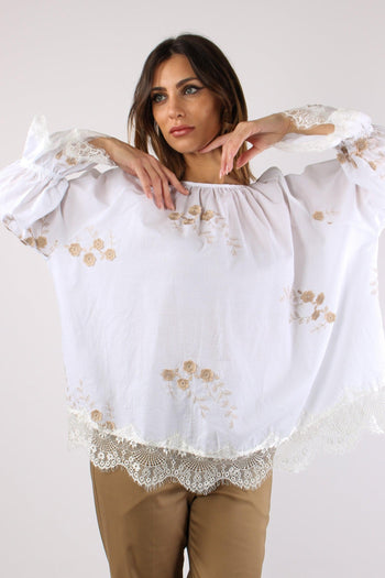 Blusa Scollo Barca Ricamo Fior Bianco - 3