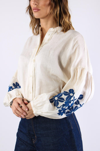 Destro Camicia Lino Ricami Ecru - 7