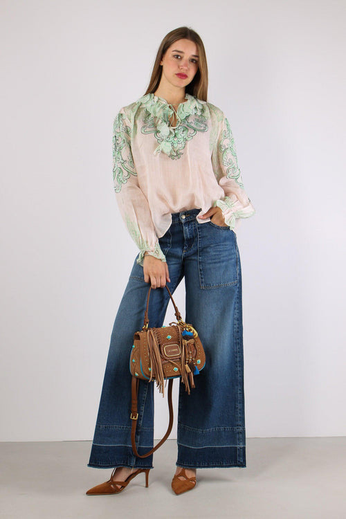 Camicia Lino Fantasia Inserto Nappine Crema/verde