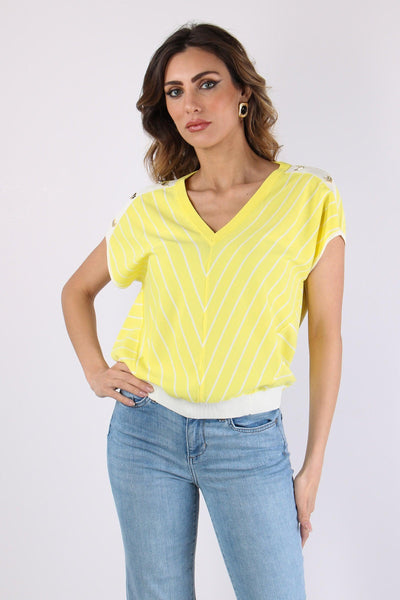 Maglia Scollo V Bottoni Riga Jasmine/white