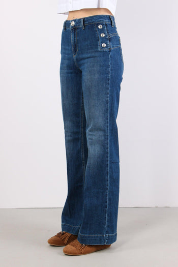 Jeans Flare Bottoni Argento Denim Scuro - 3