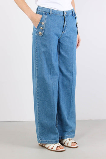 Jeans Flare Bottoni Strass Denim Chiaro - 3