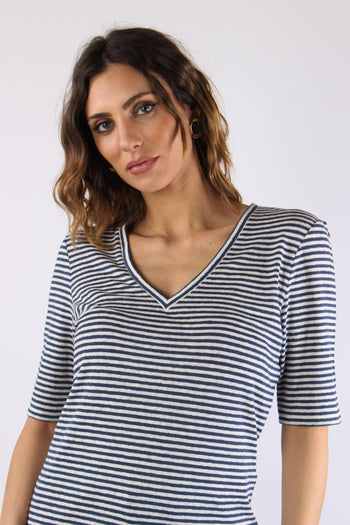Opzione T-shirt Scavo V Riga Ecru/blu - 7