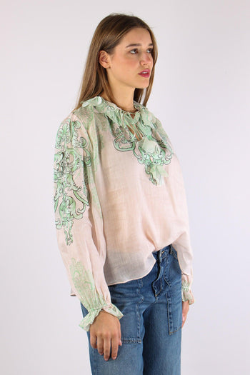 Camicia Lino Fantasia Inserto Nappine Crema/verde - 9