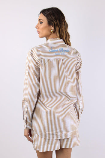 Camicia Cotone Riga Ricamo Schiena Bianco/beige - 4