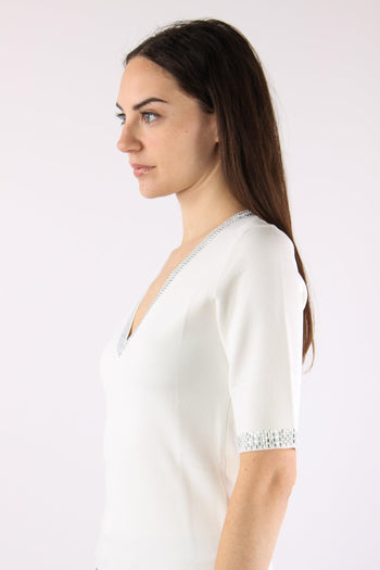 Maglia Scollo V Strass Bianco Lana - 6