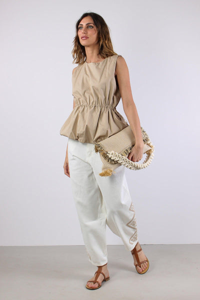 Pantalone Barrel Ricamo Fondo Bianco