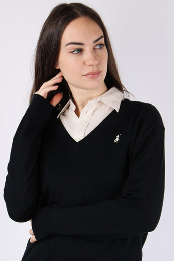 Pullover Cotone Scollo V Polo Black - 7