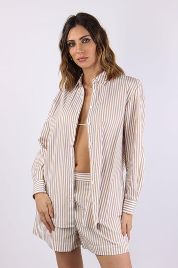 Camicia Cotone Riga Ricamo Schiena Bianco/beige - 2