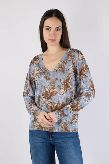 Maglia Lurex Fantasia Foglie Blu Wave - 2