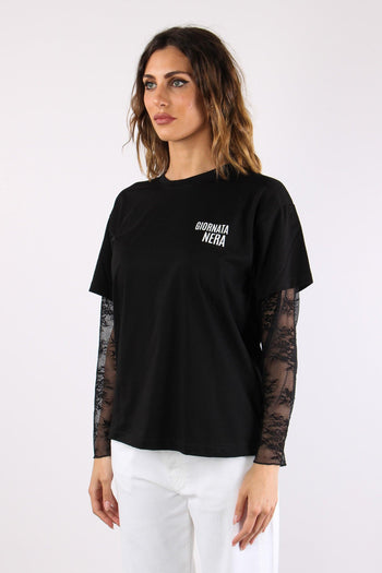 T-shirt Manica Pizzo Stampa Nero - 6