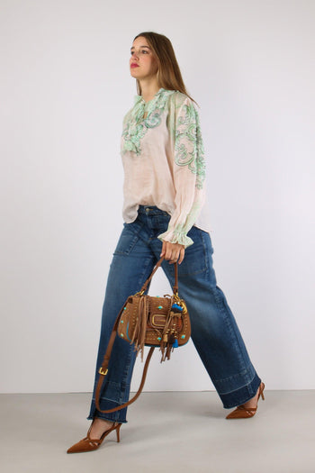 Camicia Lino Fantasia Inserto Nappine Crema/verde - 8