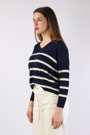 Maglia Scollo V Righe Blu/panna - 4