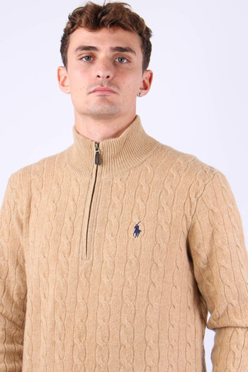 Pullover Mezza Zip Lana Trecce Camel Melange - 5