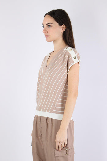 Maglia Scollo V Bottoni Riga Almond/white - 6