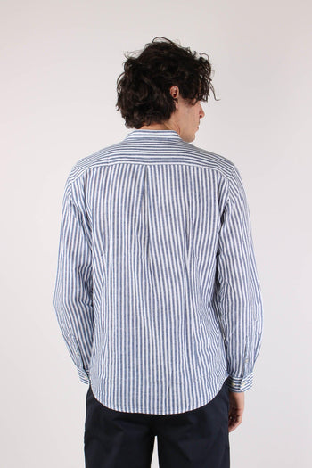 Camicia Coreana Lino Riga Blu Navy - 5