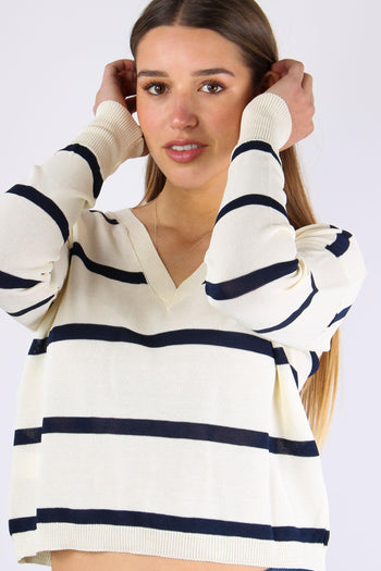 Maglia Righe Scollo V Schiena Panna/blu - 7