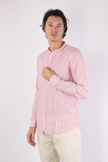Camicia Coreana Lino Riga Corallo - 3