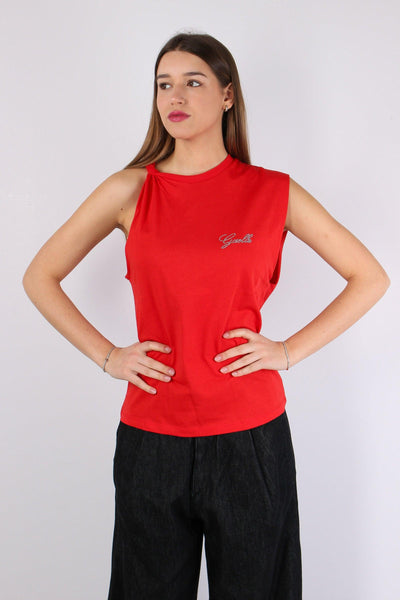 T-shirt Asimmetrica Logo Stras Rosso