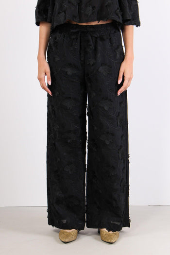 Pantalone Applicazione Fiori Nero - 2