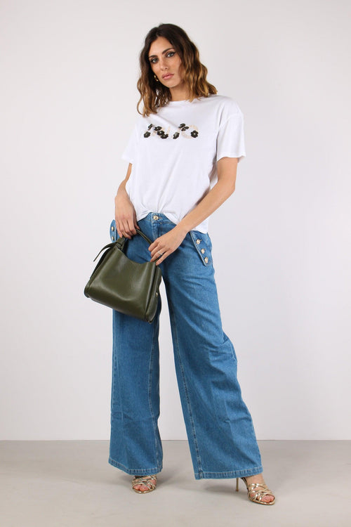 T-shirt Scritta Applicazioni Bianco Liujo