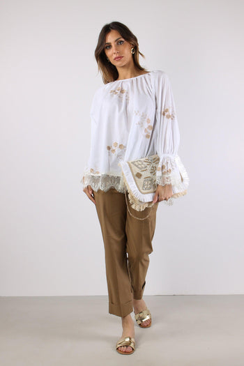 Blusa Scollo Barca Ricamo Fior Bianco - 6