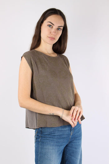 Top Smanicato Ricami Lurex Tortora - 2