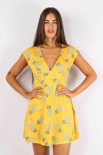Abito Scollo V Fantasia Fiori Giallo - 3