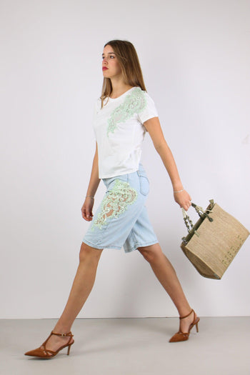 Bermuda Inserto Pizzo Paiillettes Denim - 7