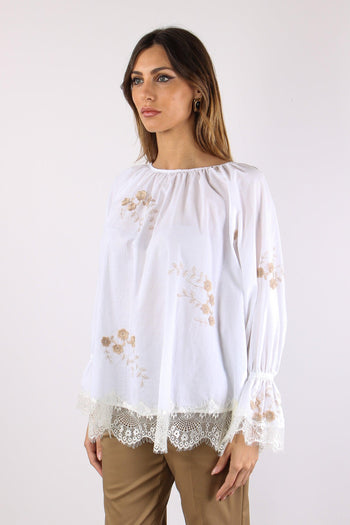 Blusa Scollo Barca Ricamo Fior Bianco - 4