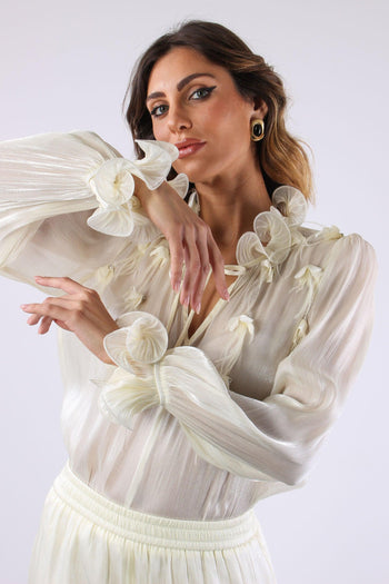 Camicia Effetto Spalmato Inserto Piume Panna - 3