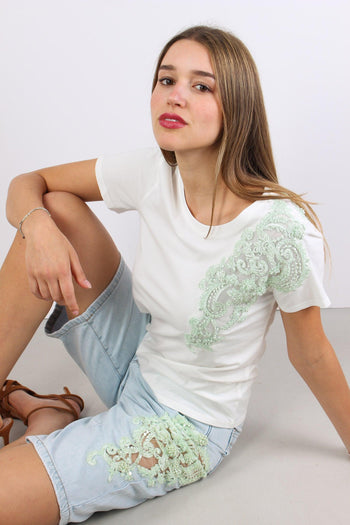 T-shrit Inserto Pizzo Paillettes Bianco - 2