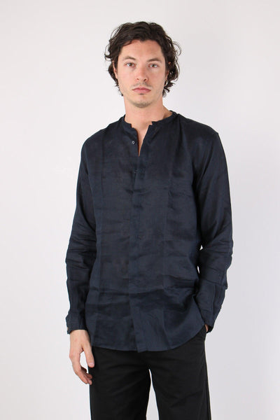 Camicia Coreana Lino Blu